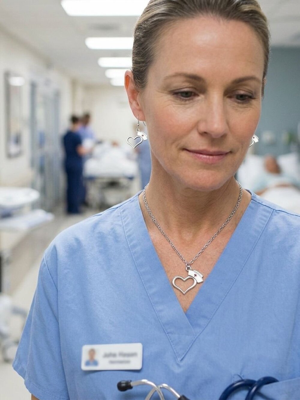 Nurses Have Heart Silver Jewelry Set Necklace Earrings Red Cross Stethoscope